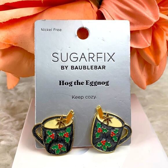 RARE SUGARFIX BaubleBar Hog the Eggnog Earrings Hot Cocoa Chocolate Coffee Mug - Picture 1 of 4